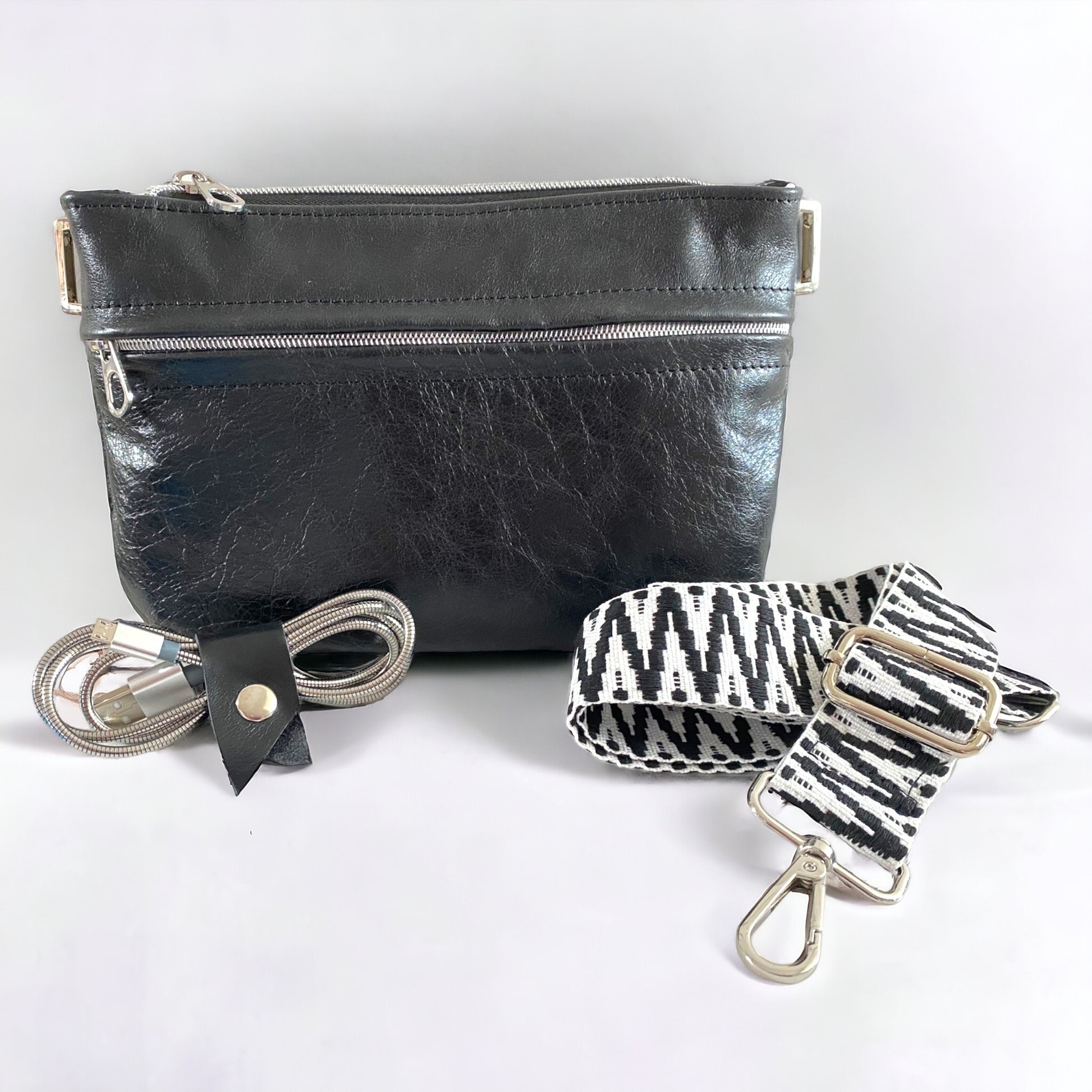 Starburn | Black Leather Crossbody Bag | Handcrafted with Silver Hardware image 2