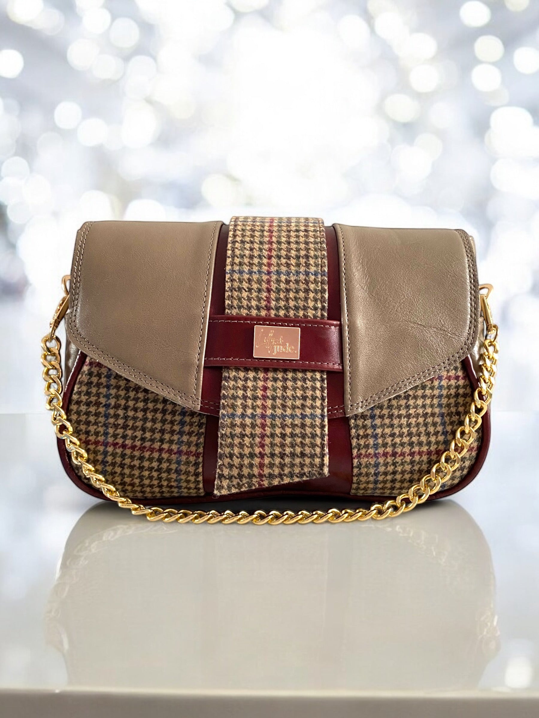 Molly | Mink Grey & Burgundy Leather & Tweed Handbag | Handcrafted Eco Luxury image 1