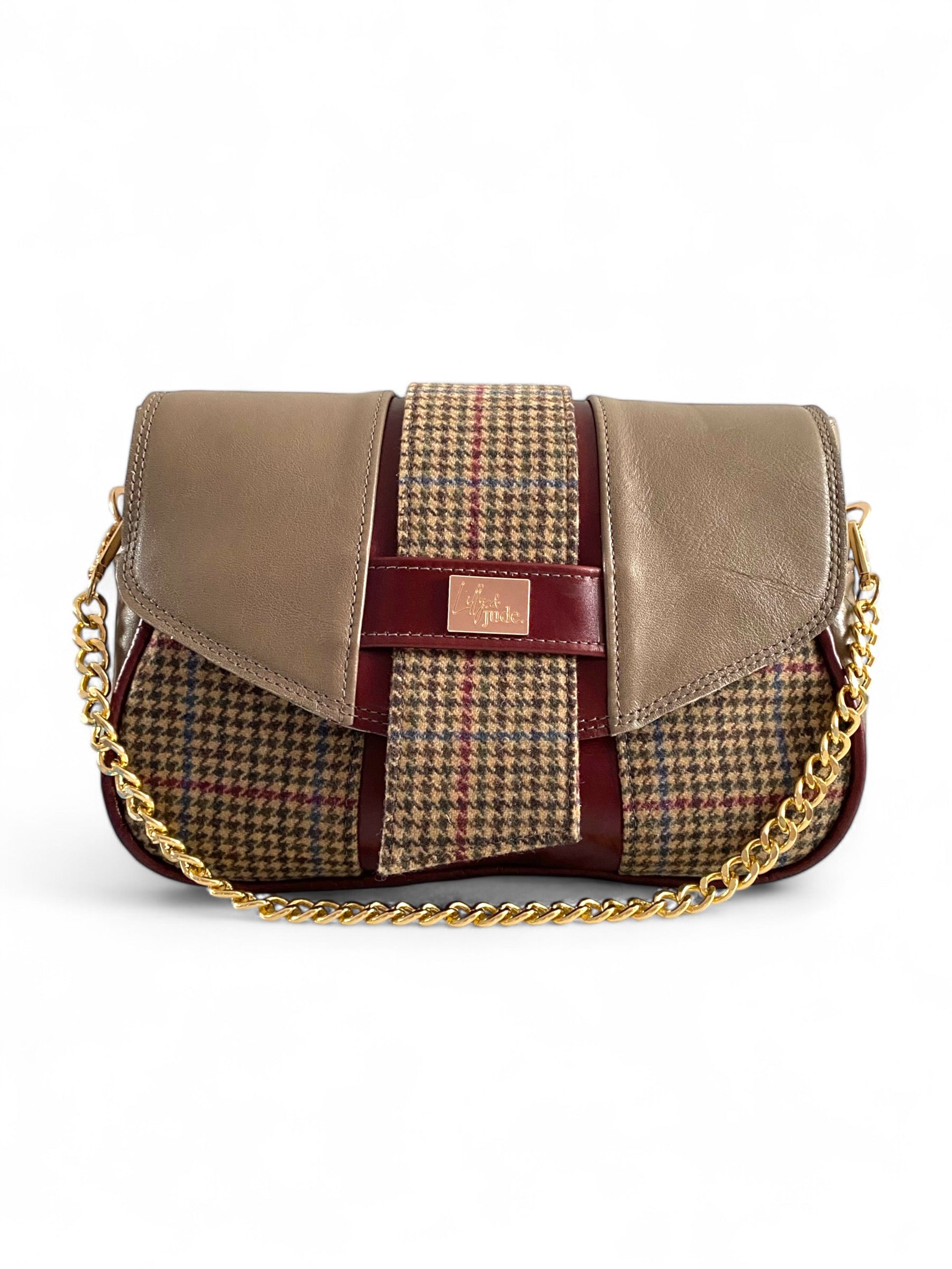 Molly | Mink Grey & Burgundy Leather & Tweed Handbag | Handcrafted Eco Luxury image 0