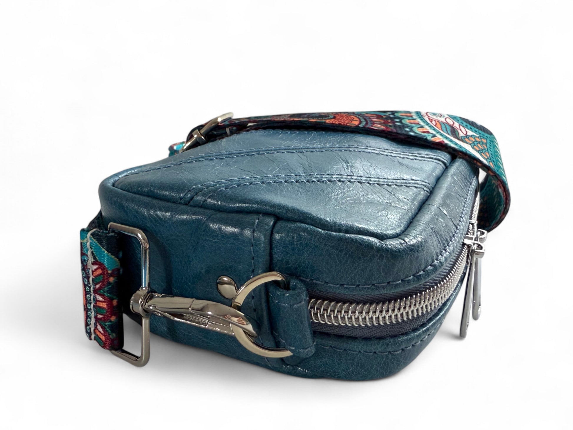 Tiny Harriet | Blue Leather Compact Crossbody Bag with Integrated Purse image 7