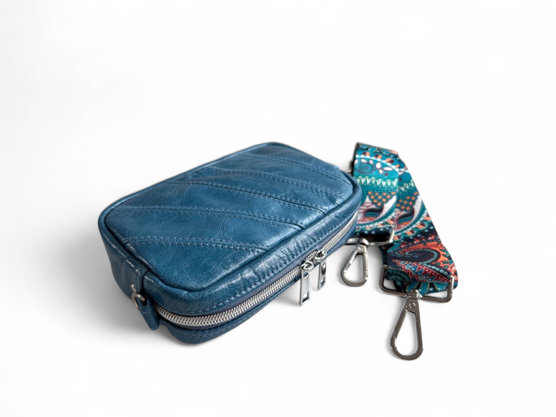 Tiny Harriet | Blue Leather Compact Crossbody Bag with Integrated Purse image 5