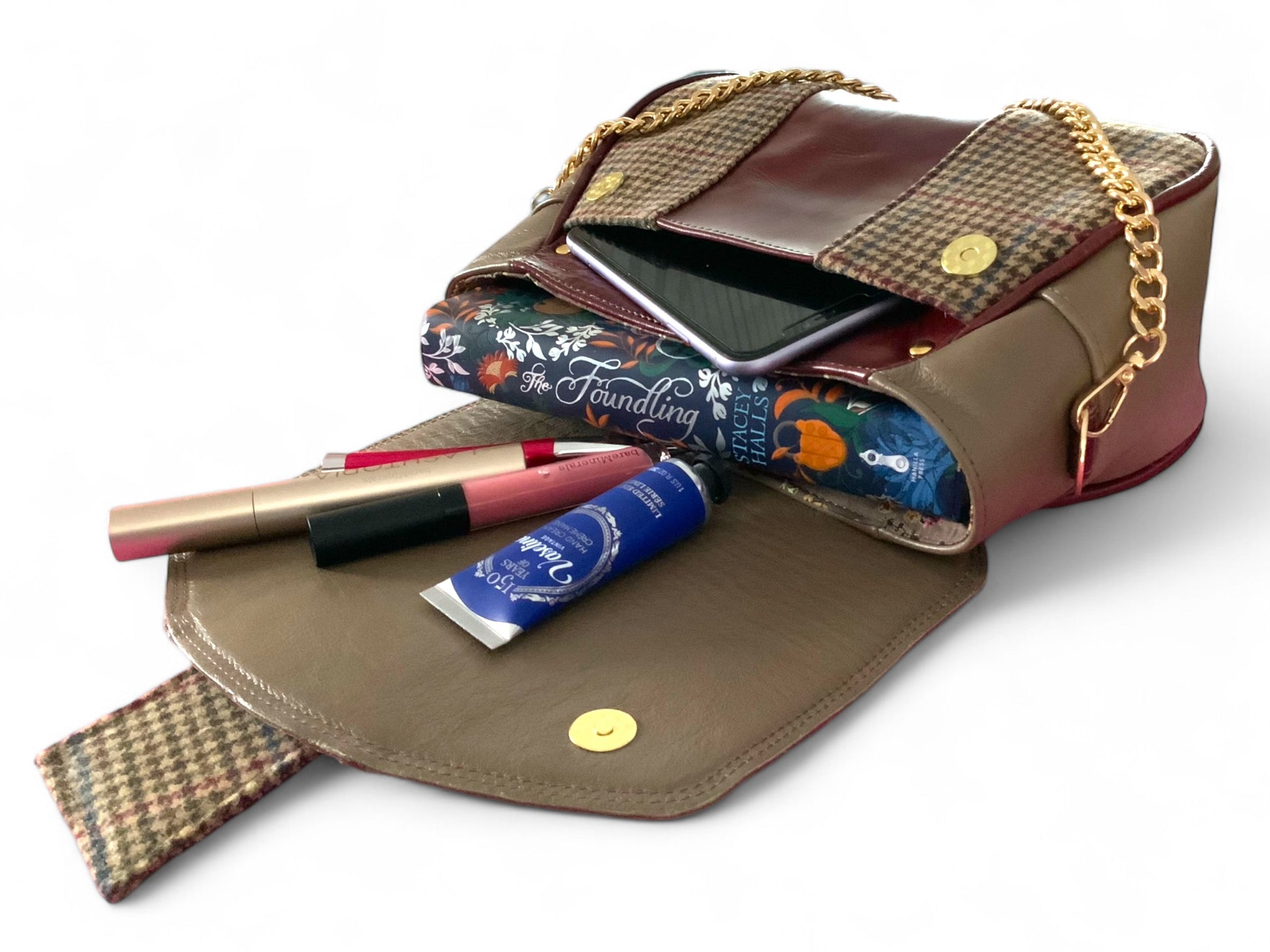 Molly | Mink Grey & Burgundy Leather & Tweed Handbag | Handcrafted Eco Luxury image 9