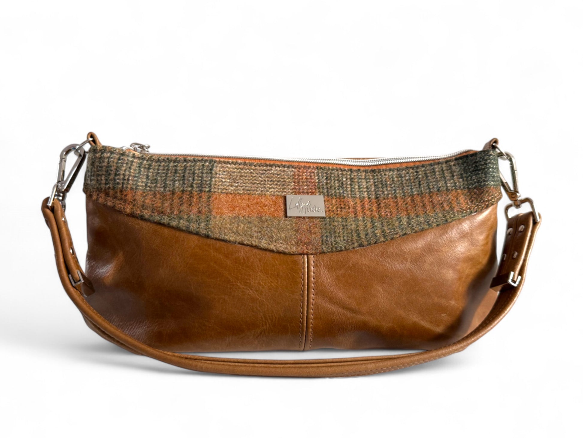 Front view of Elland handbag in tan leather and autumn tweed, handmade in the UK.