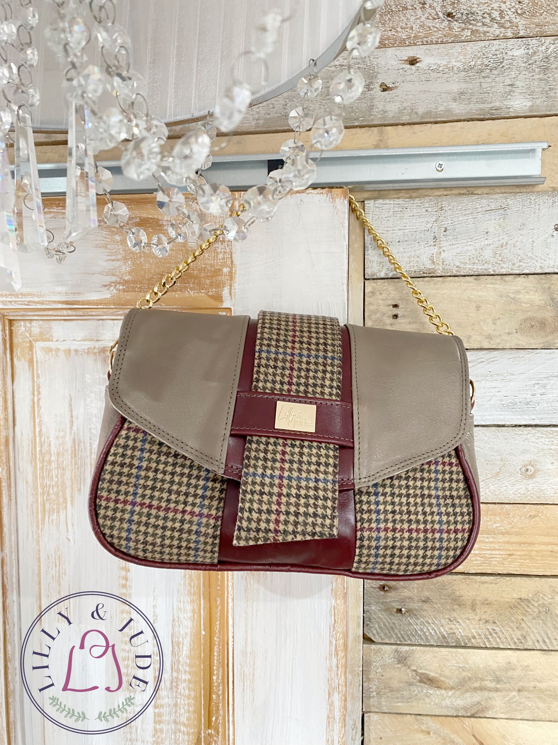 Molly | Mink Grey & Burgundy Leather & Tweed Handbag | Handcrafted Eco Luxury image 2