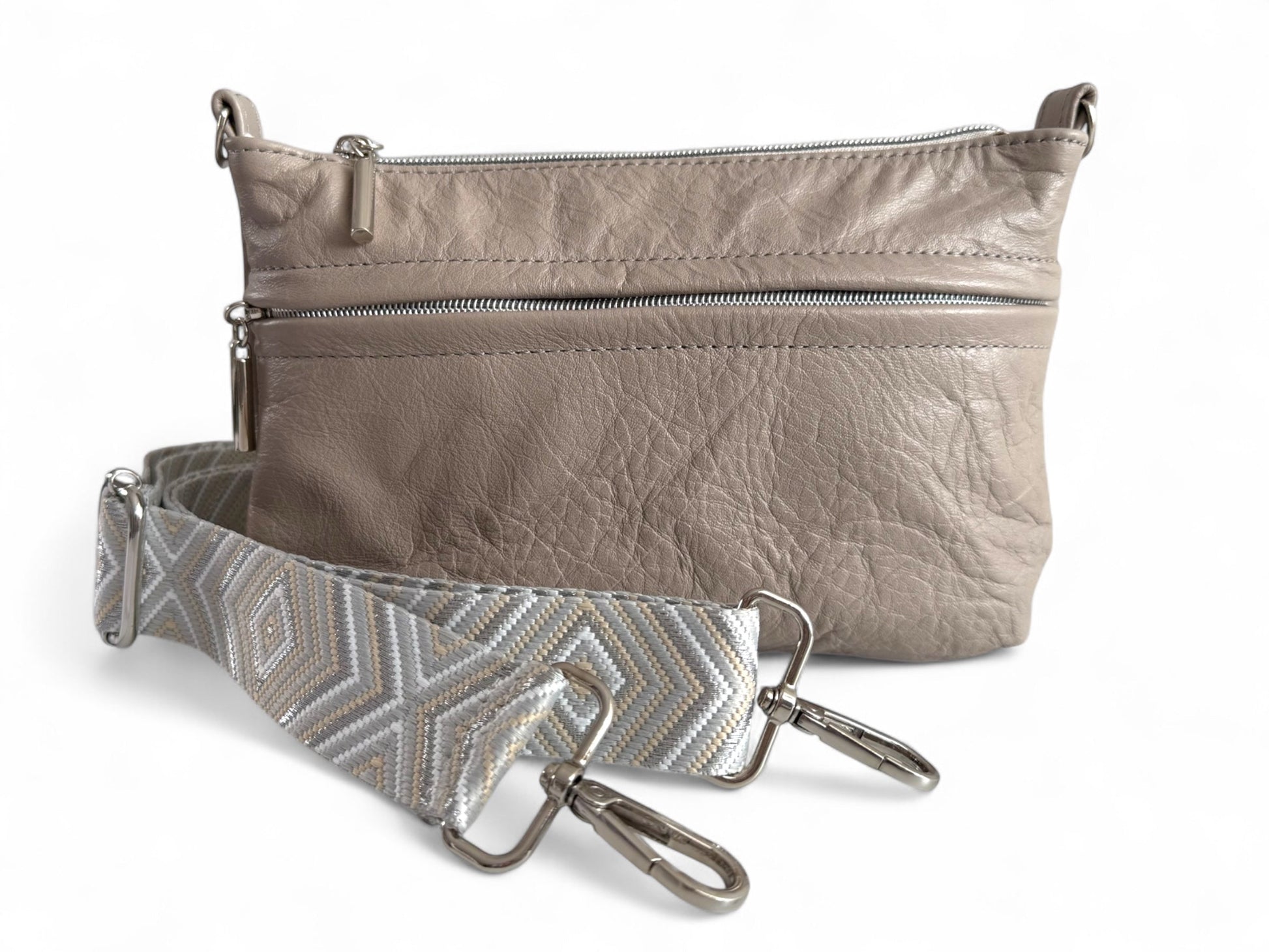 Close-up of Starburn grey leather bag showing soft texture and silver hardware, made by Lilly & Jude.