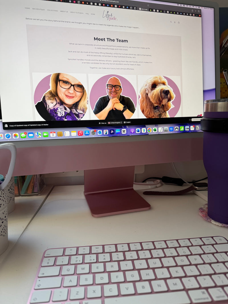 Image shows pink iMac computer with the 'about us' page from the Lilly & Jude website