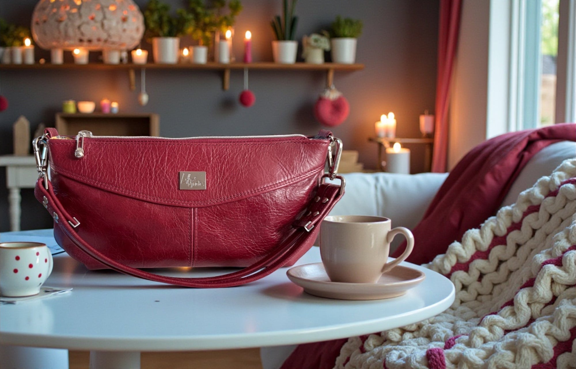 Red leather Elland baguette bag, sat on a white coffee table in a cosy, hygge inspired living room