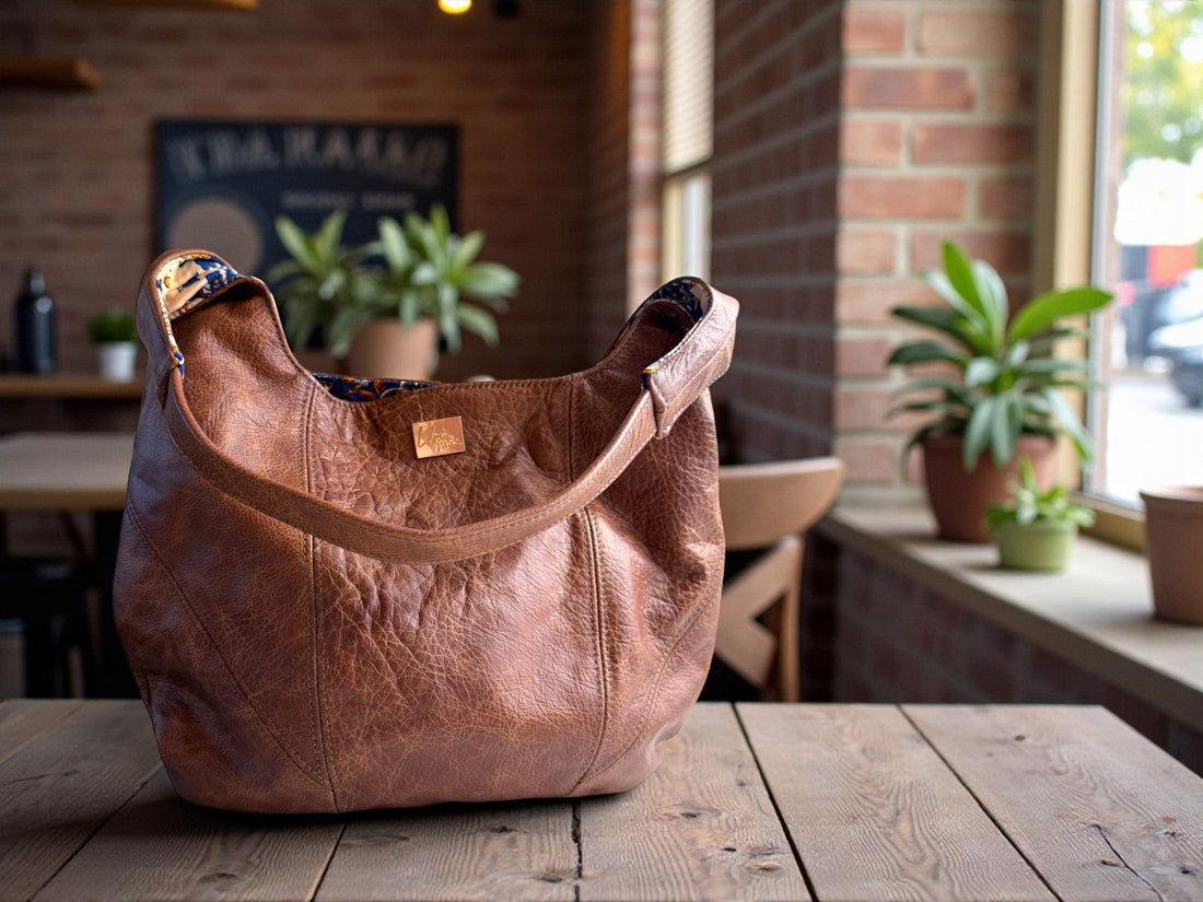 A slouchy, distressed looking, brown leather tote bag on a wooden table, with plants around it