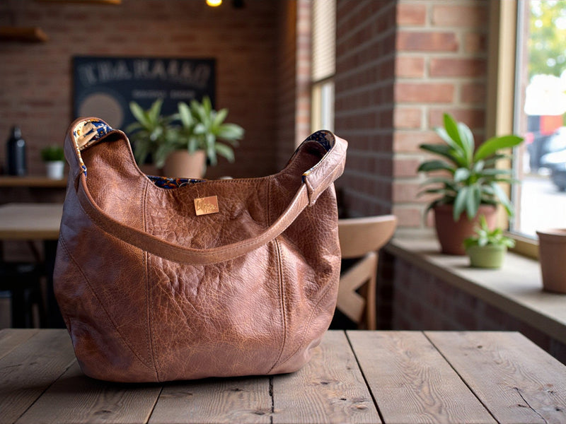 A slouchy, distressed looking, brown leather tote bag on a wooden table, with plants around it