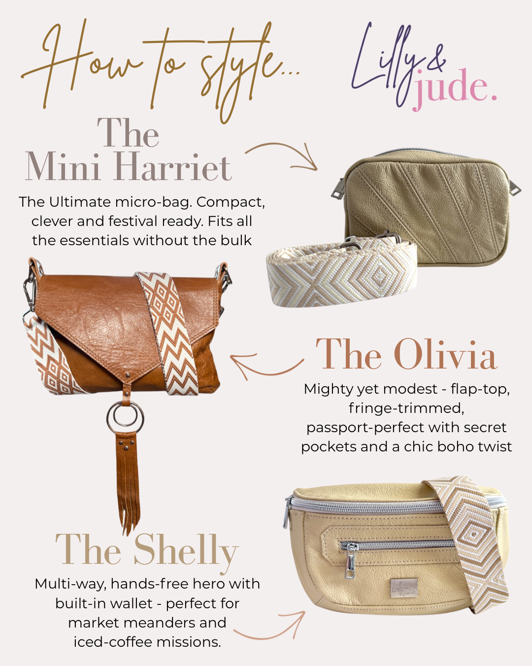 Image shows 3 leather bags with text that shows how to style each bag