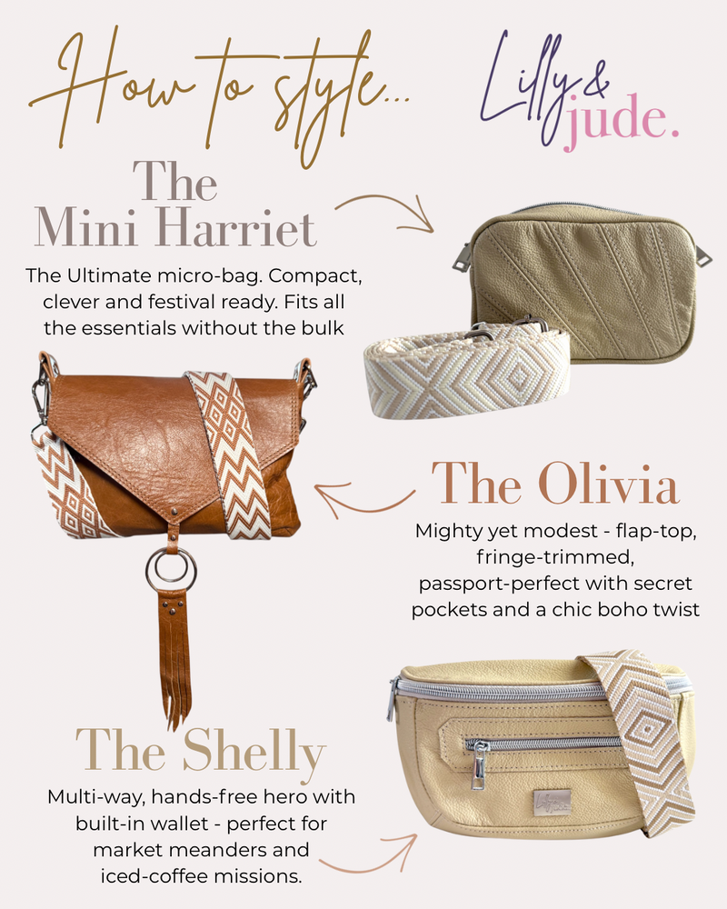 Image shows 3 leather bags with text that shows how to style each bag