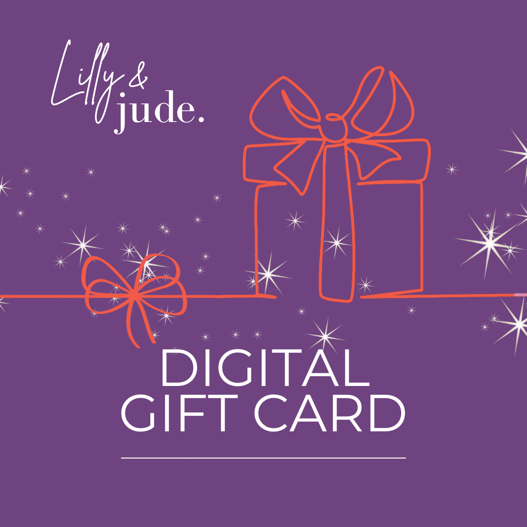 Digital gift card design with gift box and bow on a purple background, featuring the brand 'Lilly & Jude'.