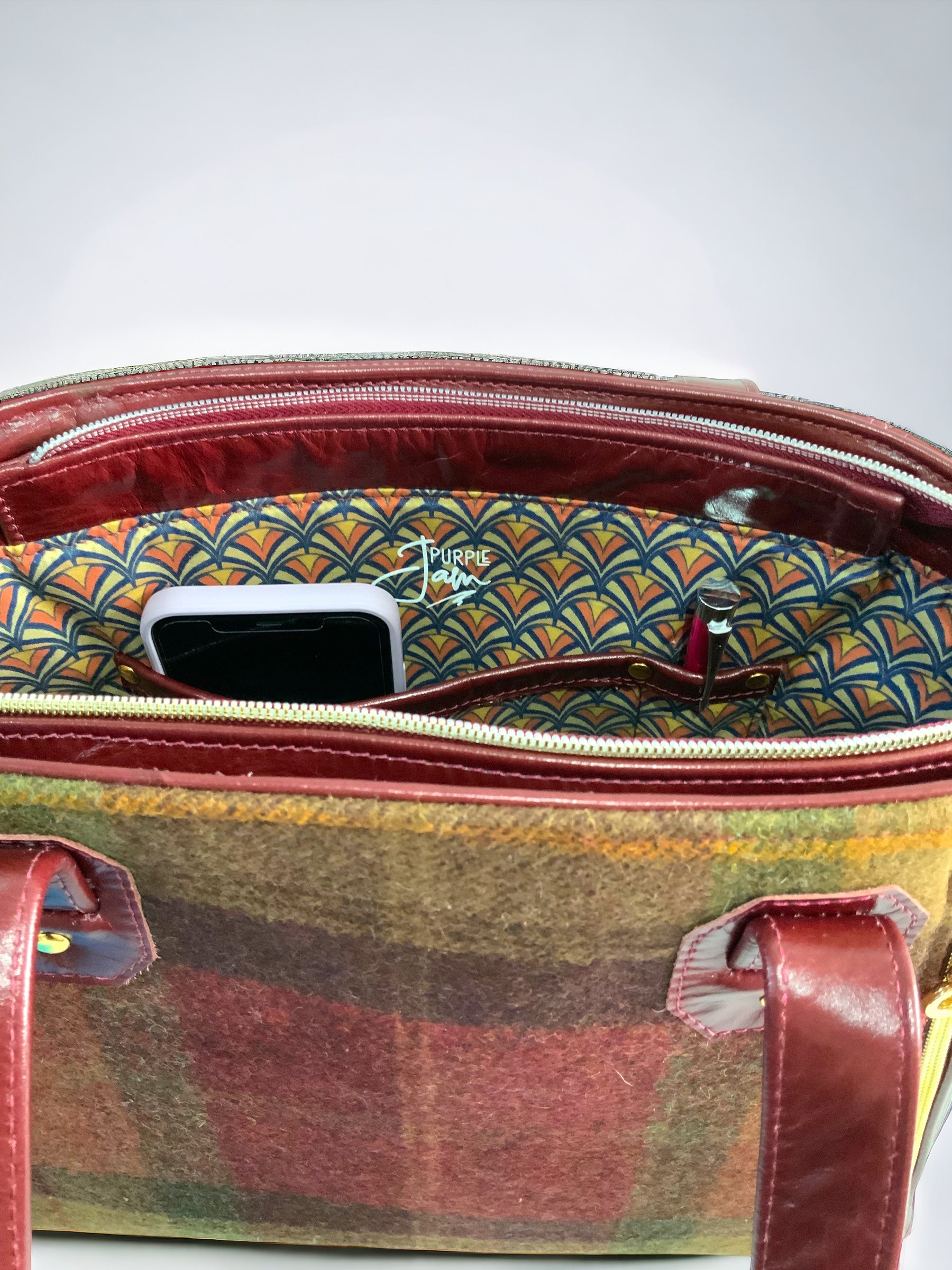 Rudy | Burgundy Leather Handbag | Luxe Wool Tweed & Gold Accents image 9
