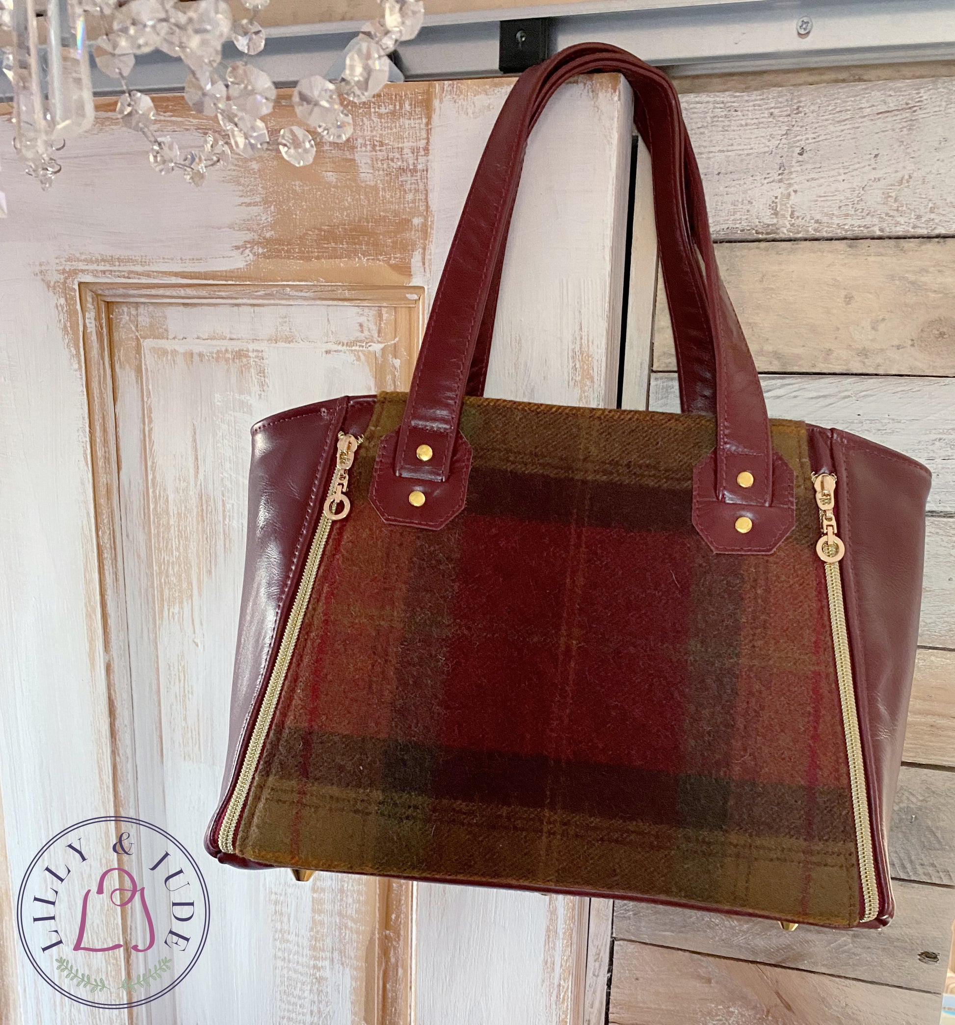 Rudy | Burgundy Leather Handbag | Luxe Wool Tweed & Gold Accents image 2