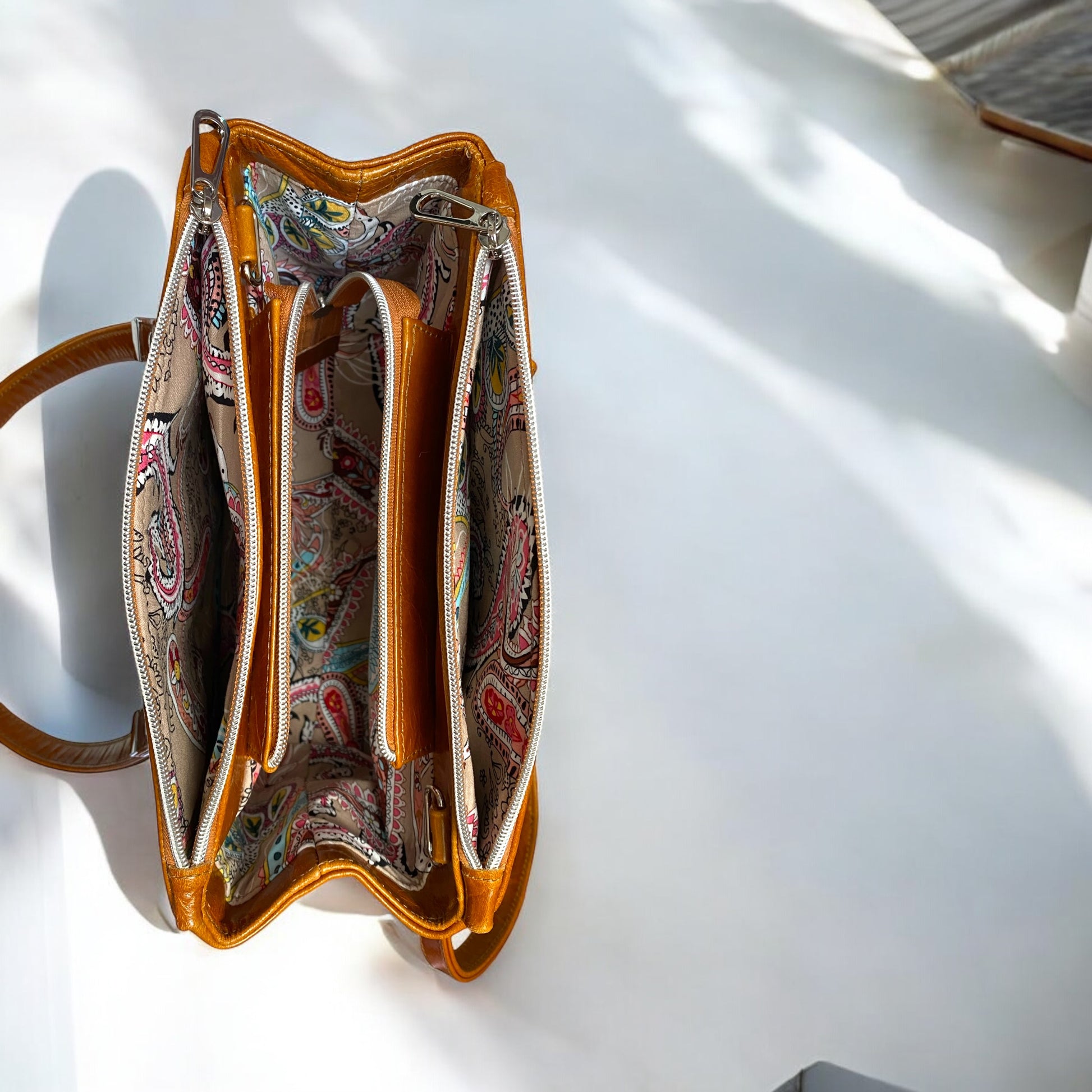 Rowena | Tan Leather 3 Section Shoulder Bag image 8