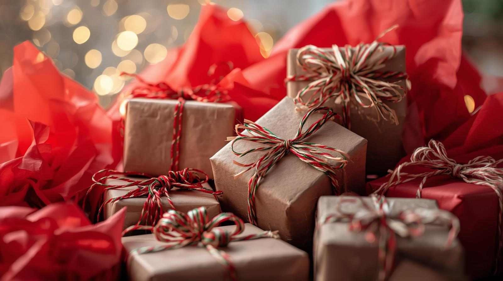 Gifts wrapped in brown paper with red ribbons against a festive background