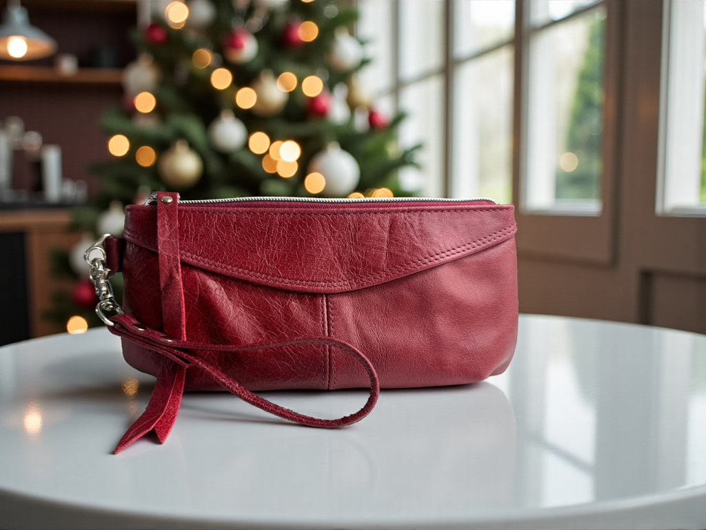 Red handcrafted leather clutch bag on a white surface with a blurred Christmas tree in the background. The perfect Christmas gift for her