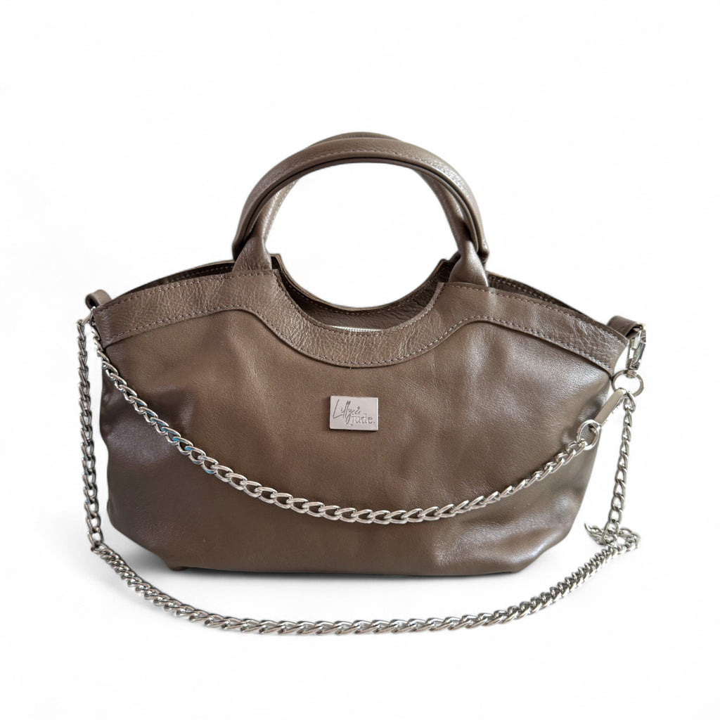 Taupe leather slouchy handbag with silver chain strap, handmade using rescued leather. The design is exclusive to Lilly & Jude in the UK.