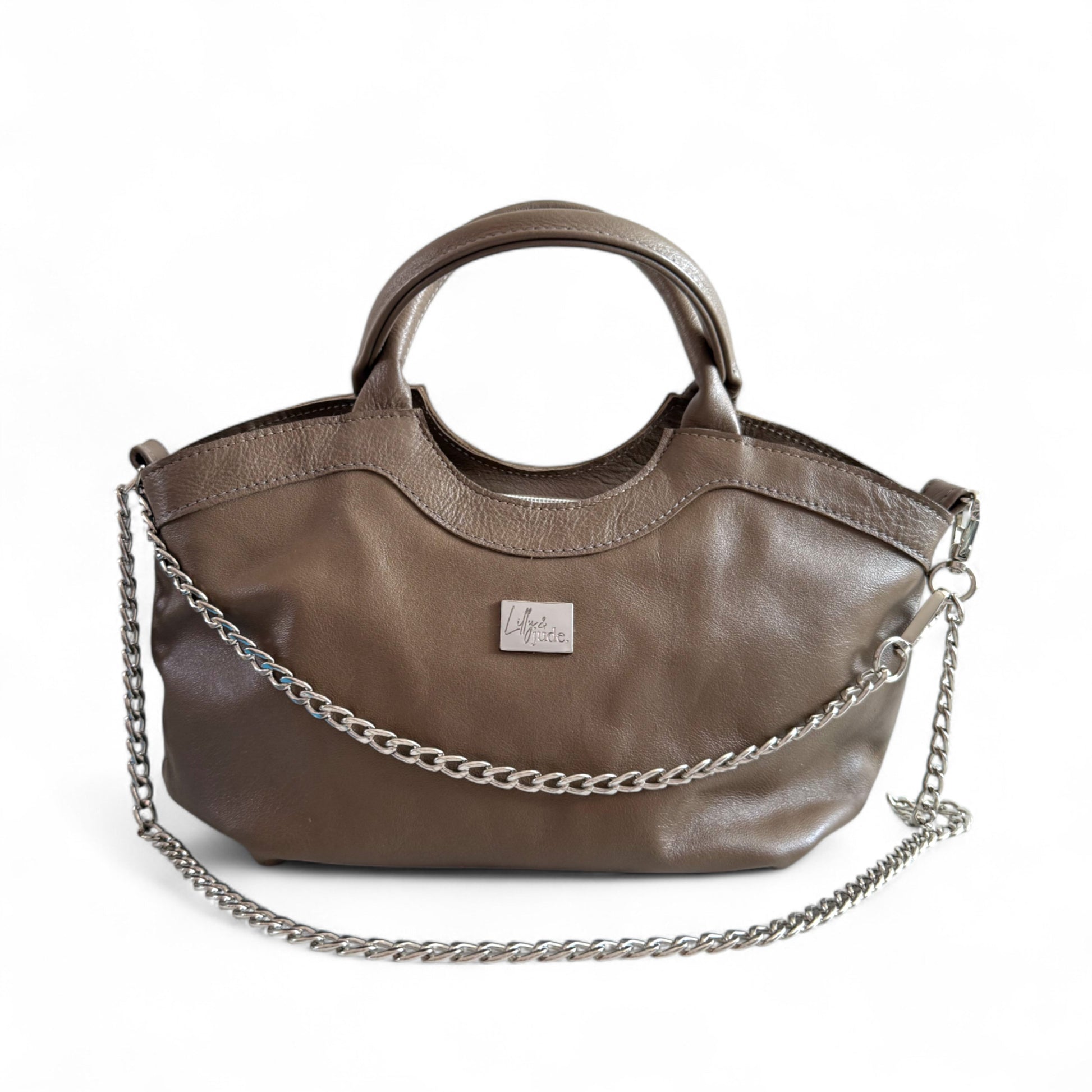 Taupe leather slouchy handbag with silver chain strap, handmade using rescued leather. The design is exclusive to Lilly & Jude in the UK.