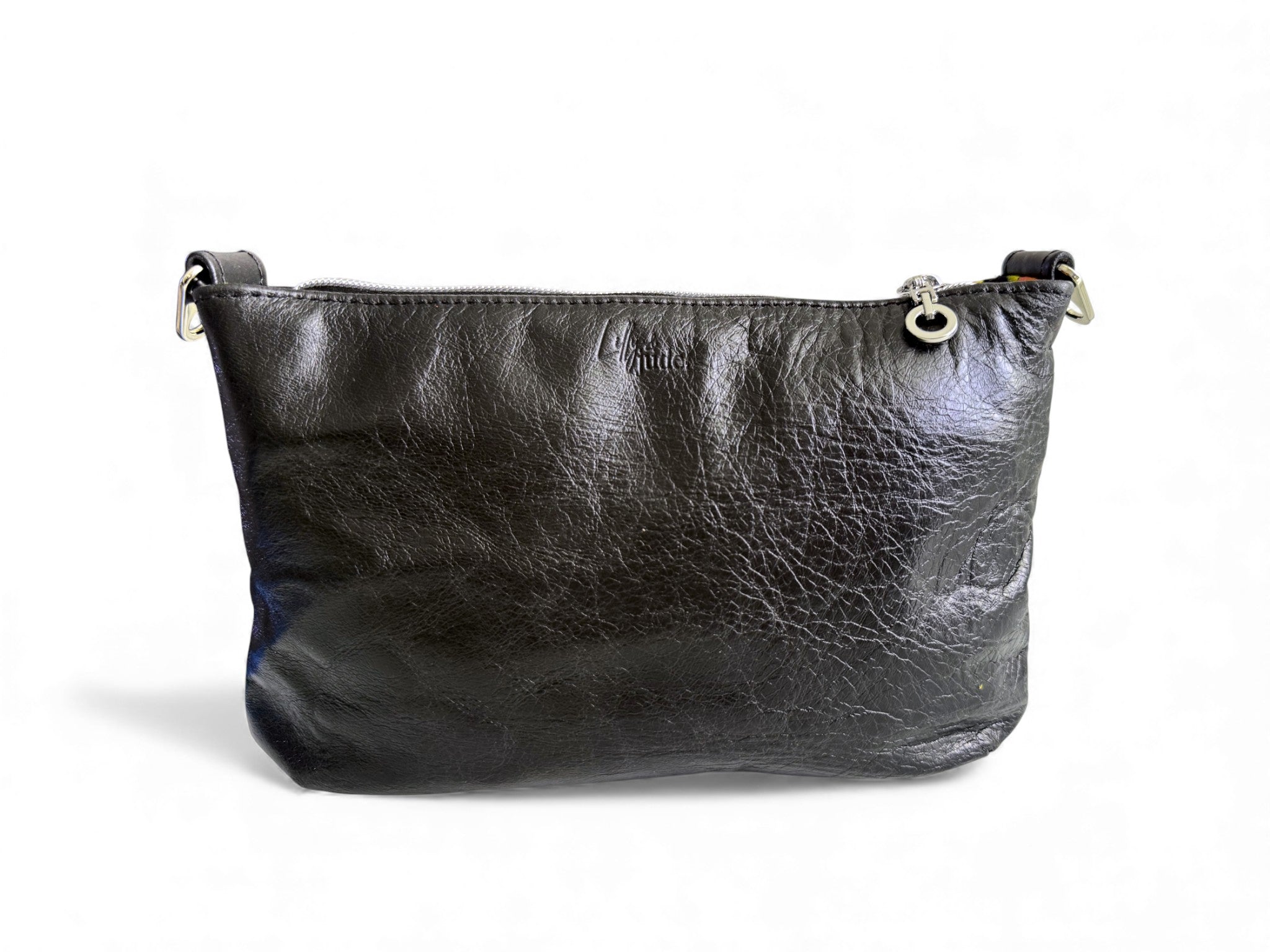 Black leather crossbody bag on a white background