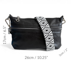 Black leather crossbody bag with a patterned strap, shown with measurements on a white background.