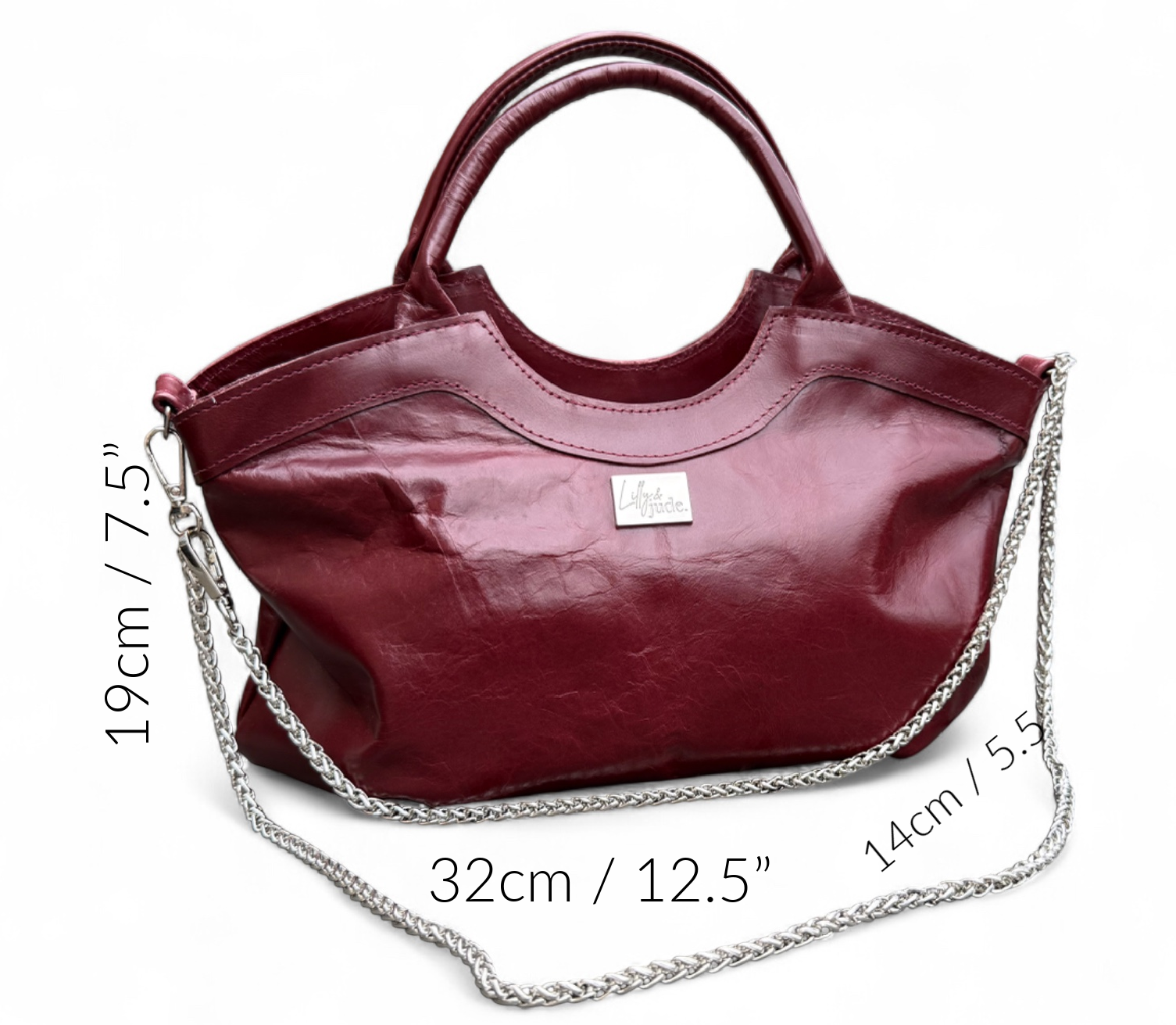 Burgundy handbag with chain detail and measurements on a white background