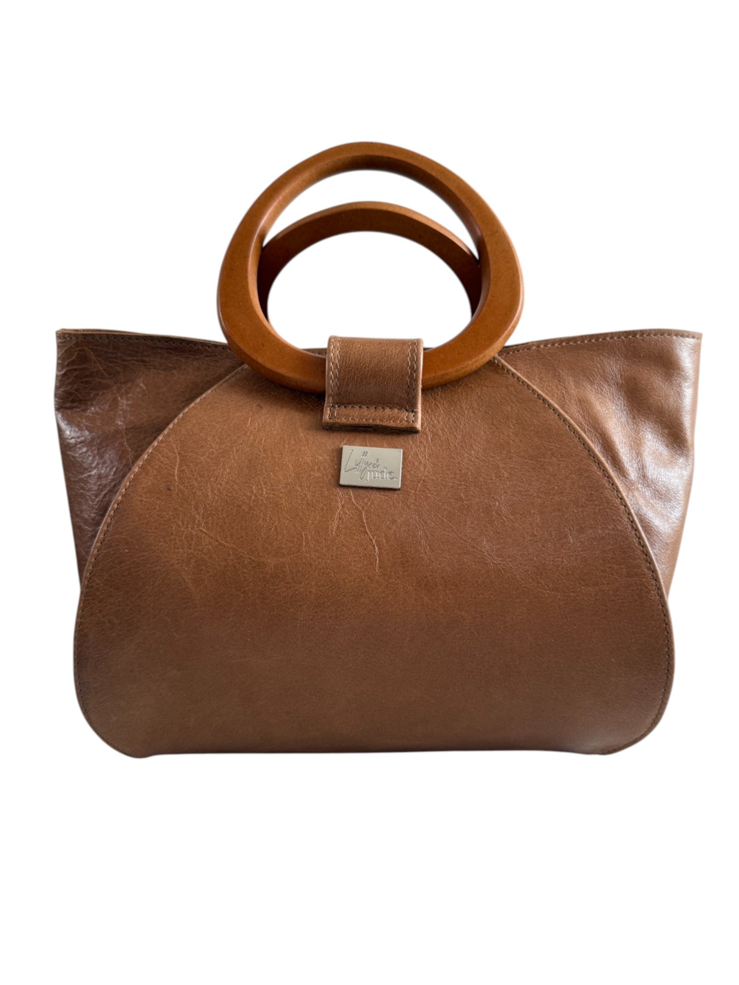 Tricia | Tan Leather Handbag with Wooden Handles | Sustainable Handcrafted Bag UK