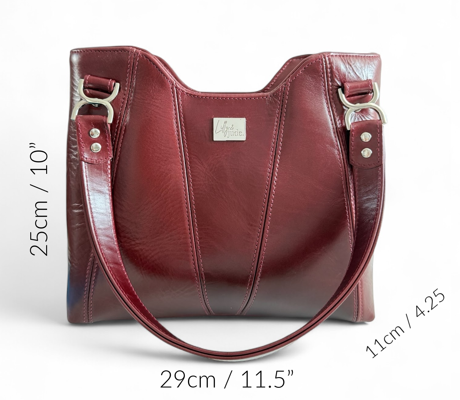 Burgundy leather Alaula handbag with measurements on a white background