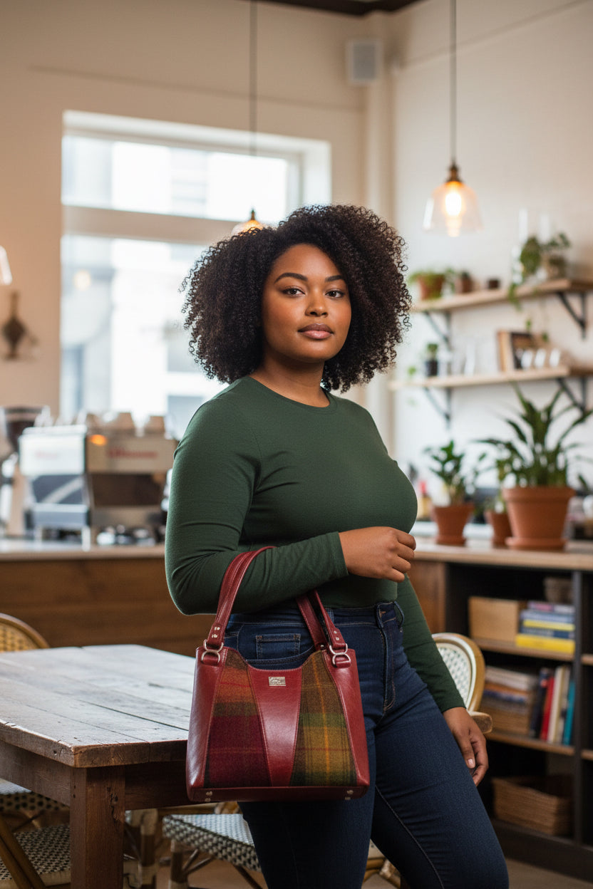 Woman holding a plaid handbag in a cozy cafe setting