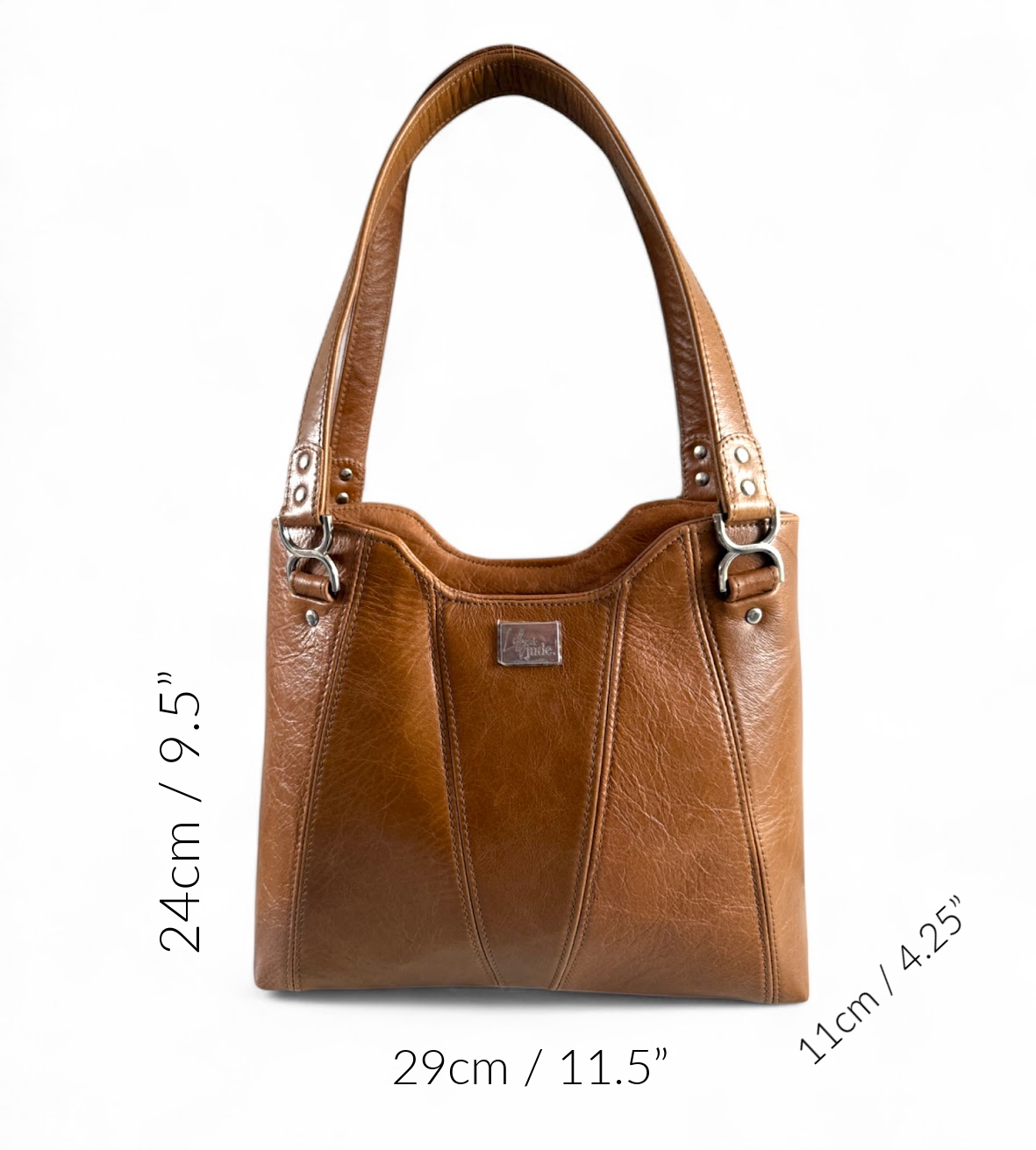 Tan brown leather Alaula  handbag with measurements displayed, on a white background.
