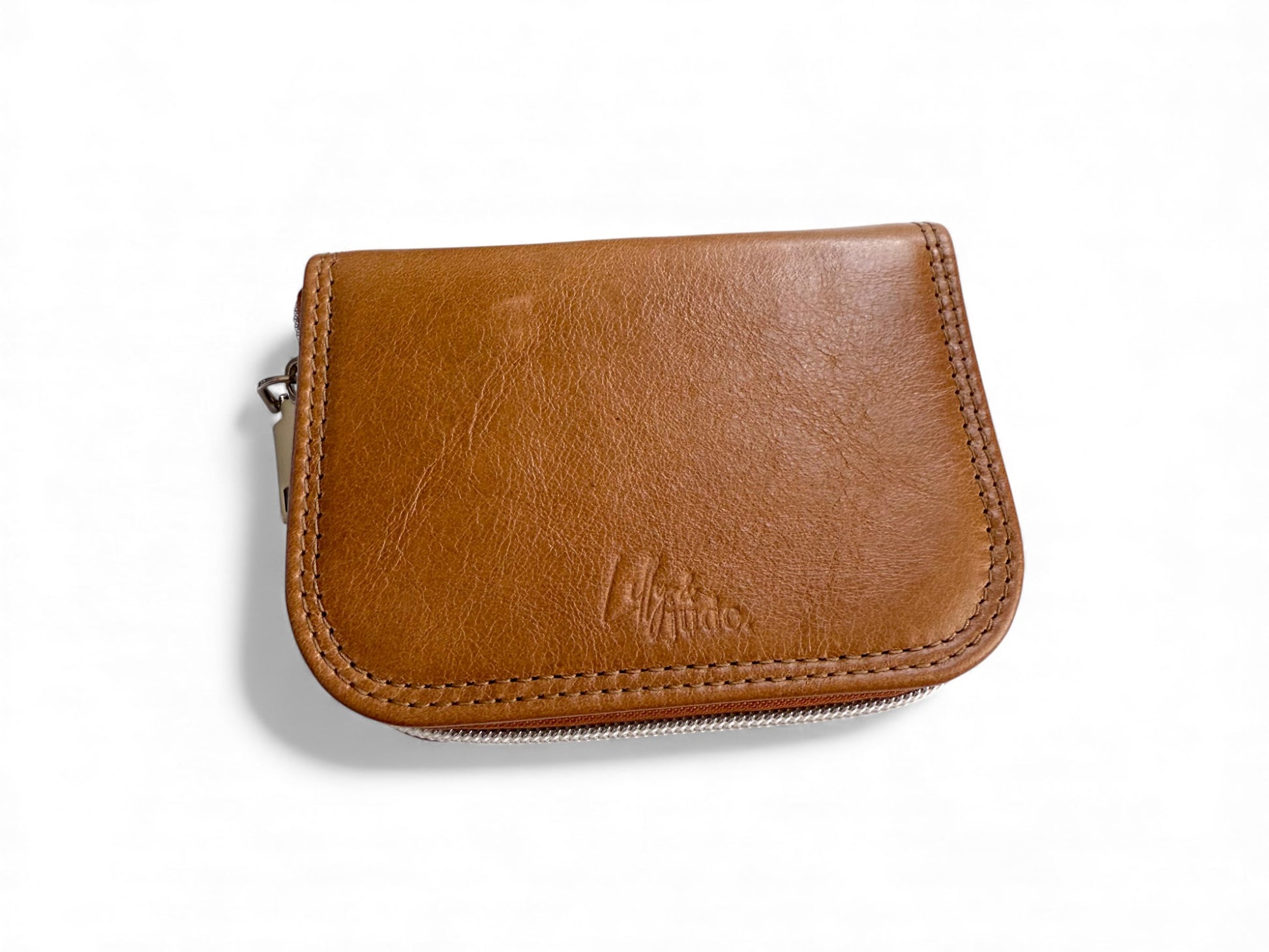 Tan brown classic zip around  leather purse / wallet with a Lilly & Jude brand logo on a white background