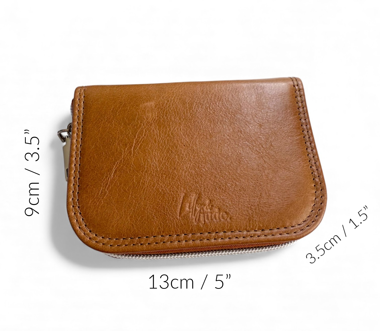 Handcrafted tan brown leather wallet with measurements on a white background