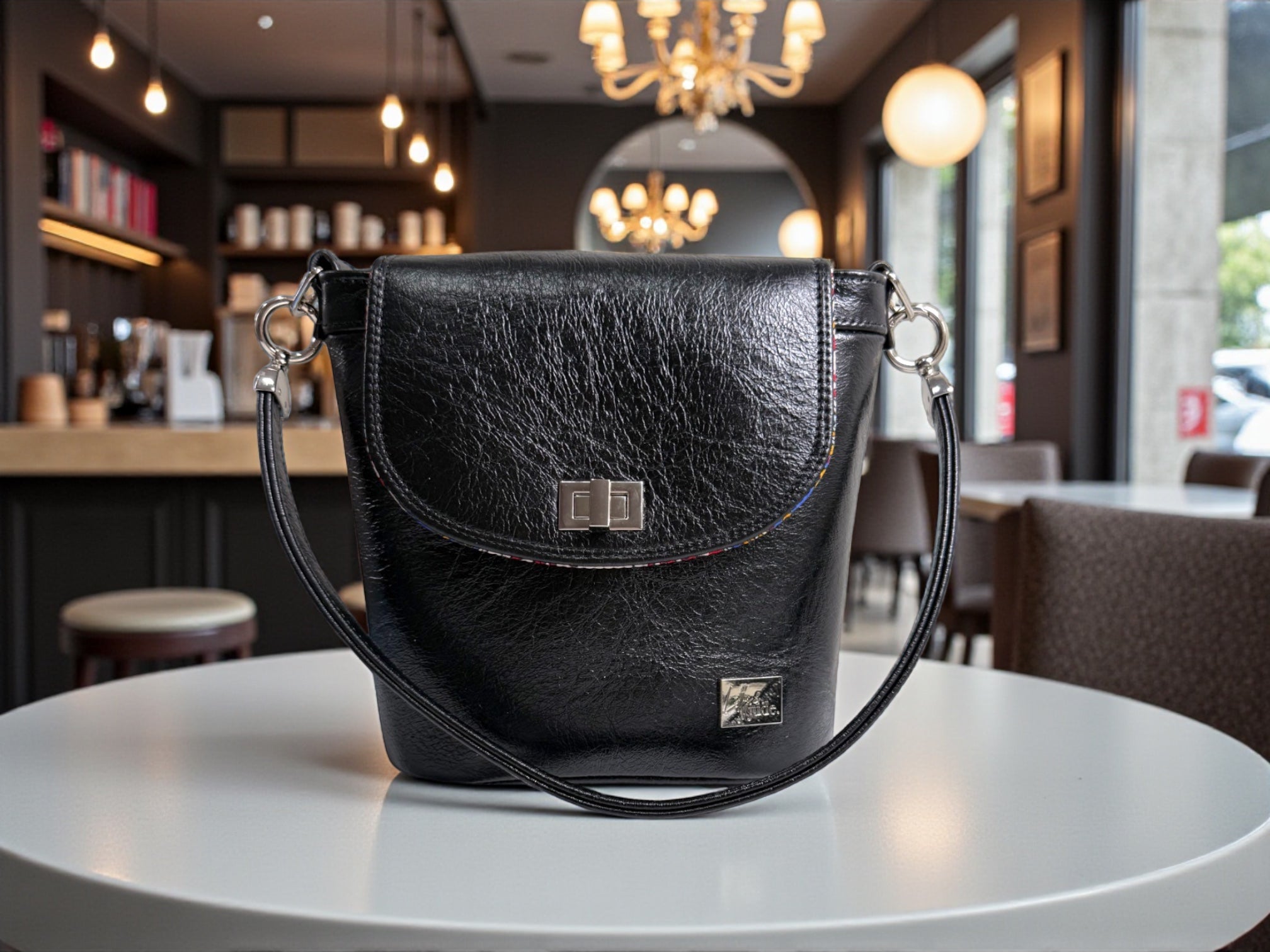 Black leather handbag on a table in a restaurant setting