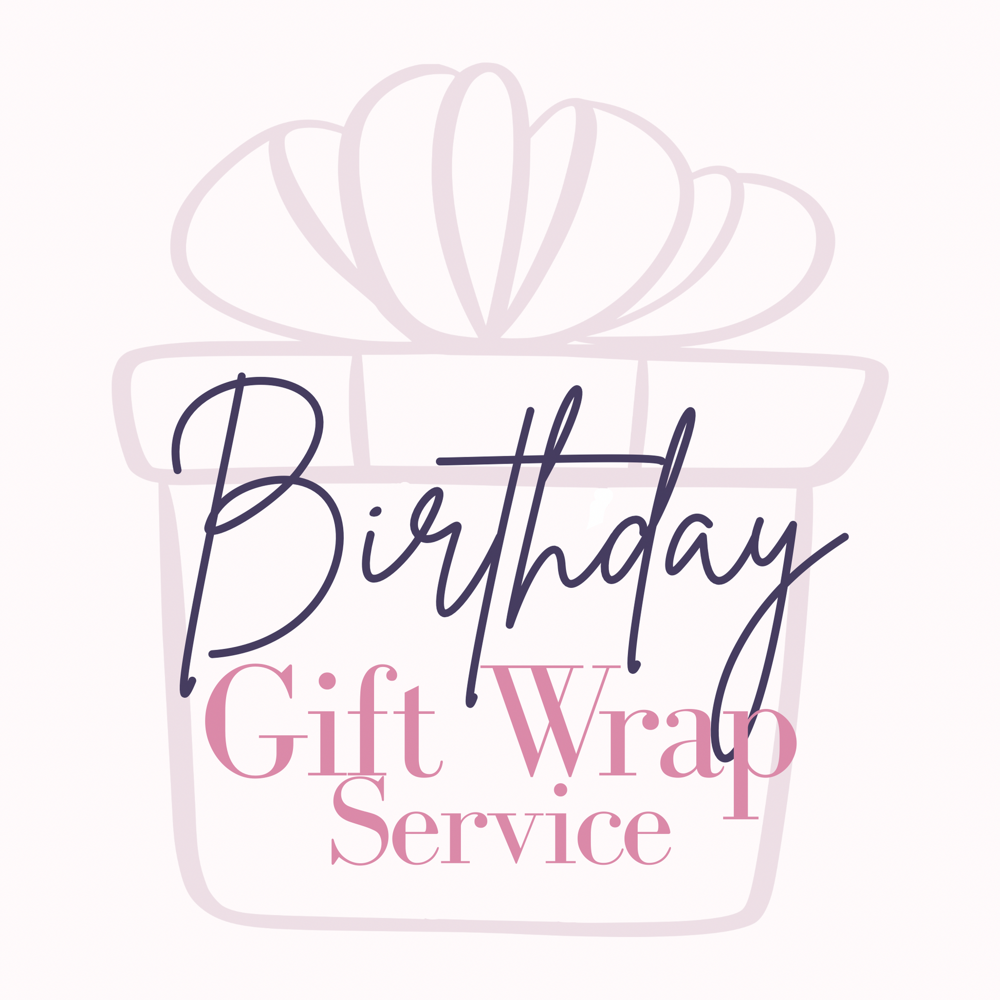 Logo for Birthday gift wrapping service, with an image of a gift box and bow against a pink background