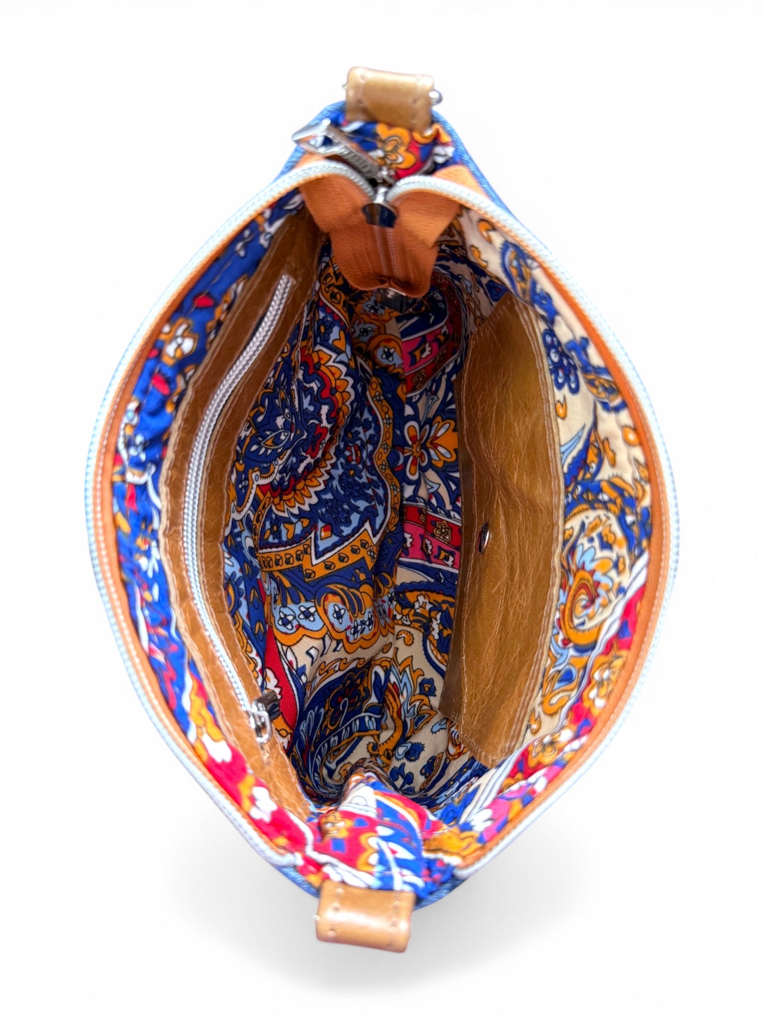 View from above of the Bonny bag, showing the colourful patterned lining inside.
