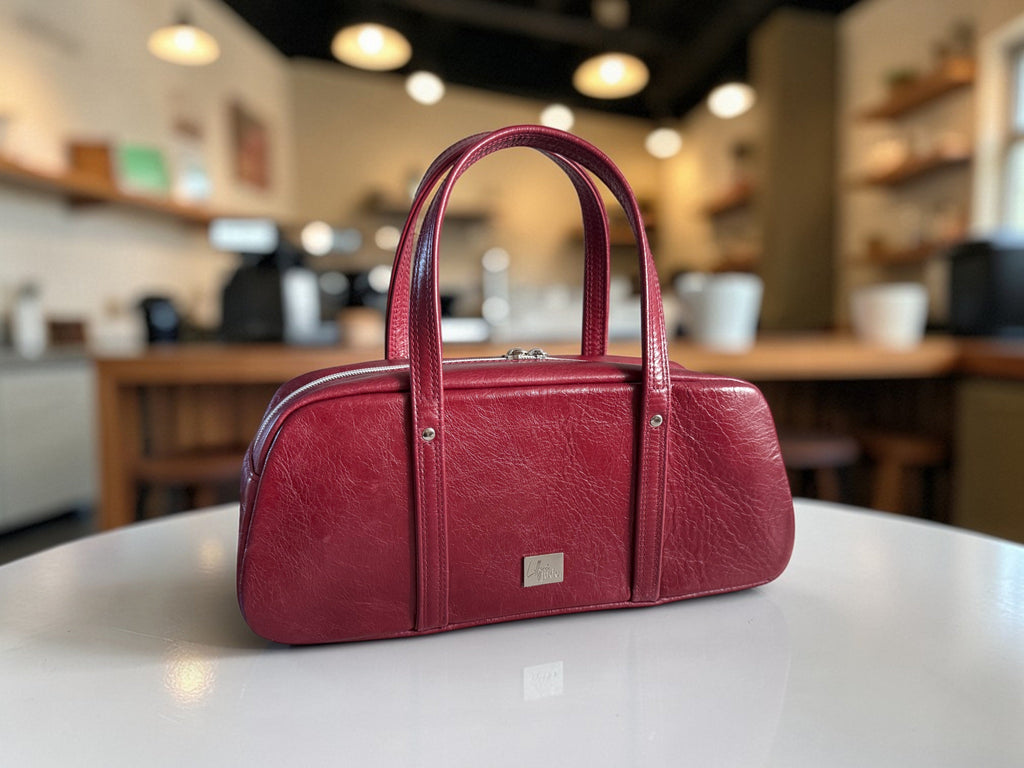 Burgundy red leather handbag on a white surface with a blurred background of a cafe.