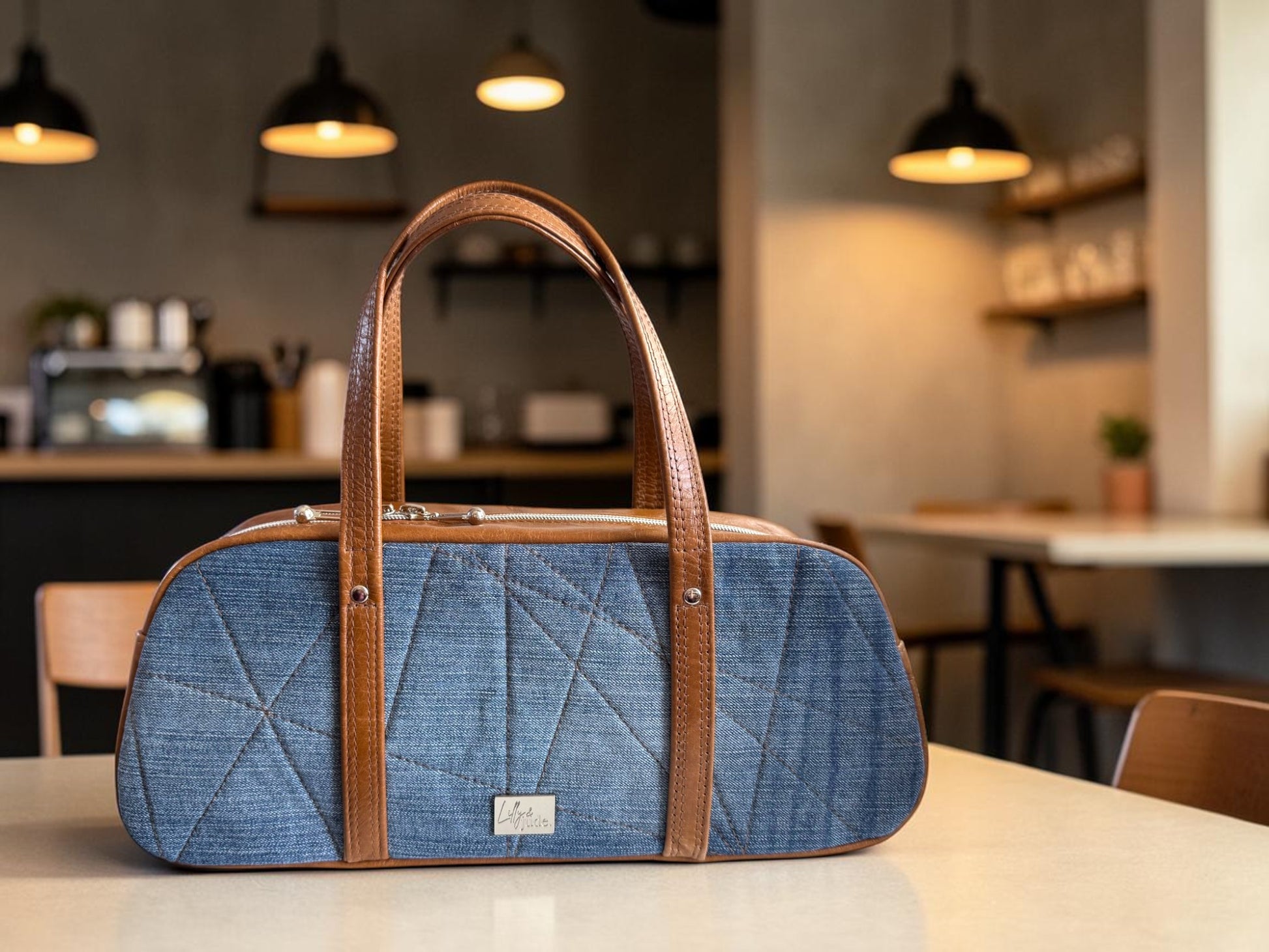 Upcycled denim baguette bowling bag with genuine rescued leather straps and gusset, sat on a table in a coffee shop
