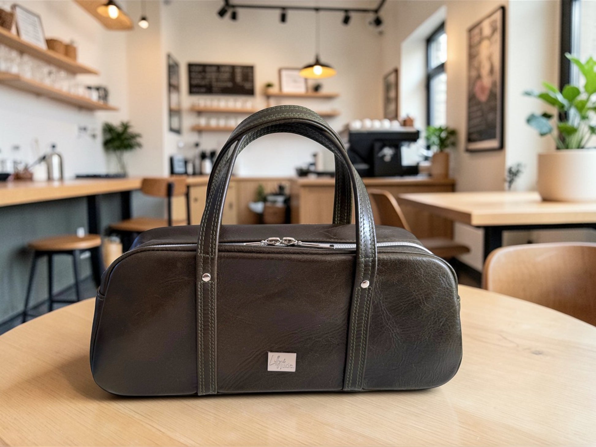 Dark green leather handbag on a wooden table in a cafe setting