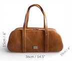 Tan brown, rescued leather handbag with measurements on a white background