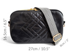 Black quilted handbag with a herringbone strap on a white background, with the dimensions of the bag around the outside