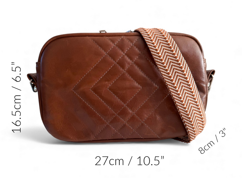 Brown quilted bag with a woven strap, shown with measurements on a white background.