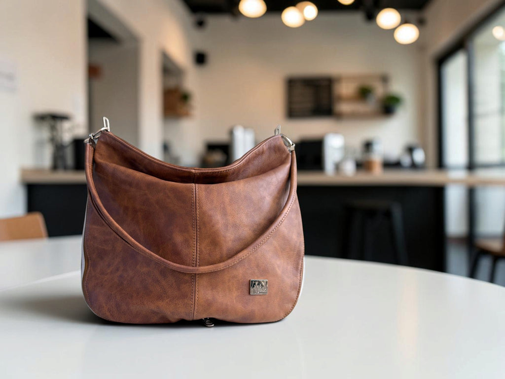 A brown leather slouch shoulder bag with silver-tone hardware, sitting on a white table in a blurred modern cafe interior.