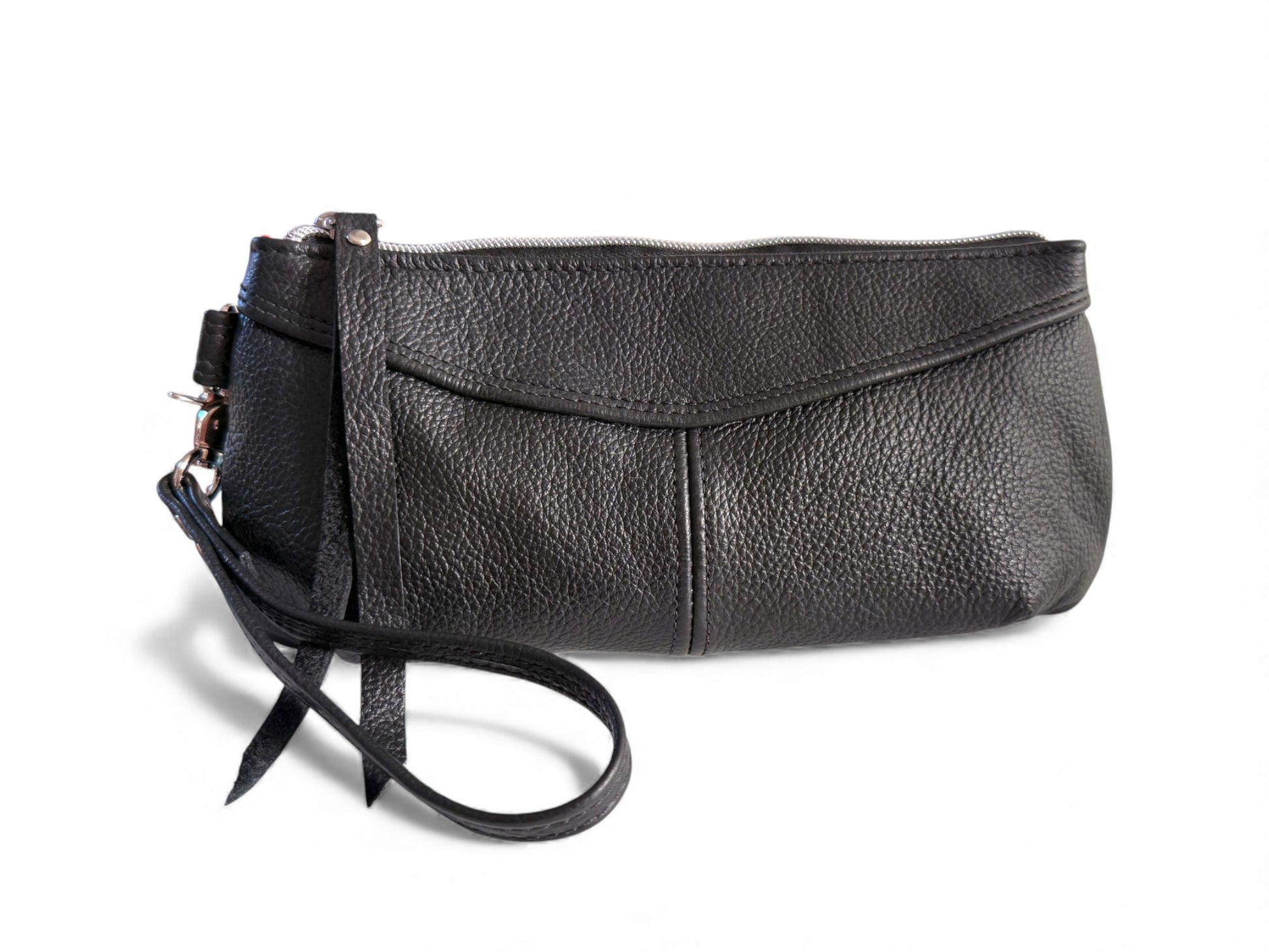 Black leather wristlet on a white background. Handcrafted from rescued leather by Lilly & Jude