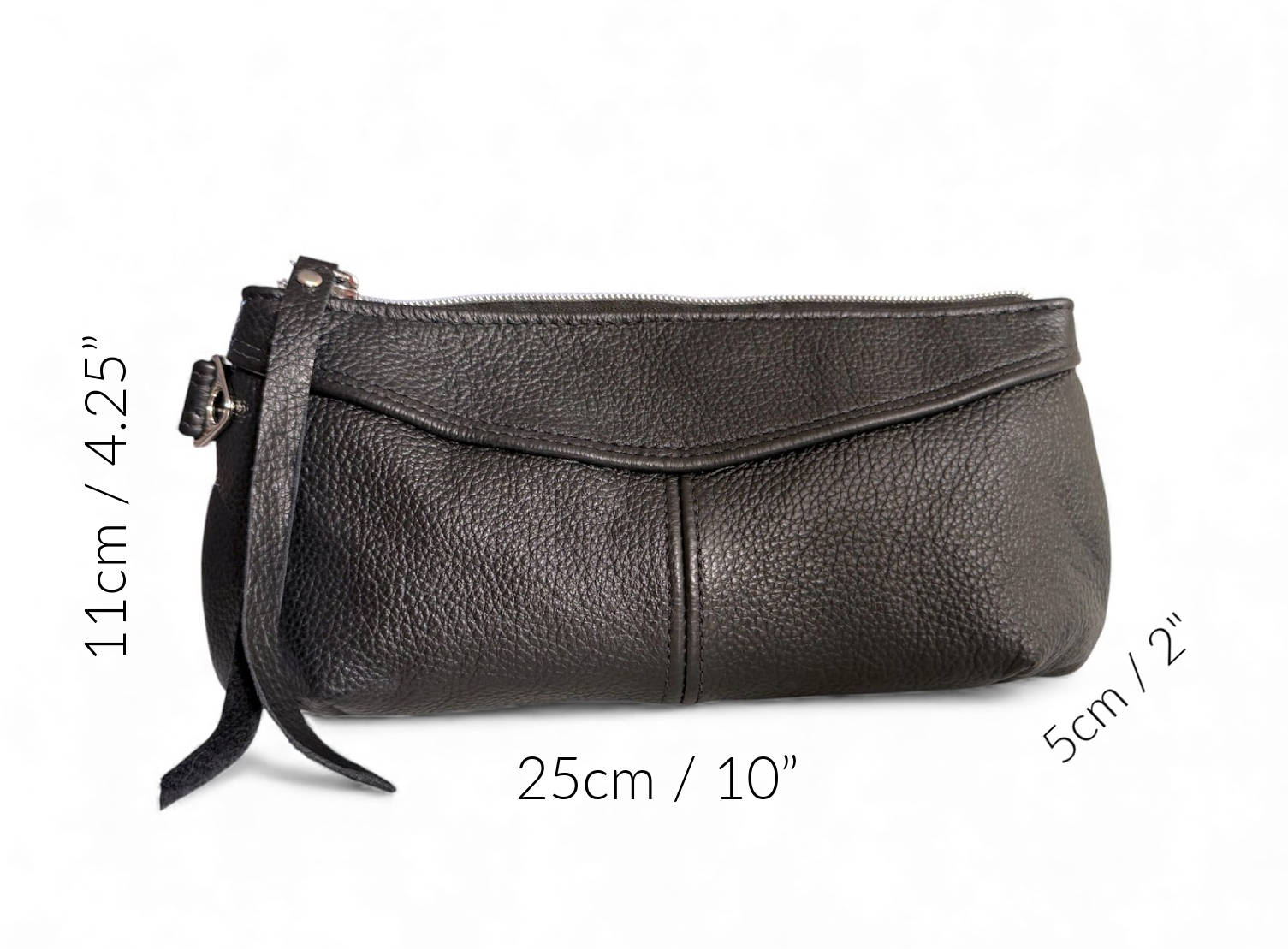 Black leather Ella wristlet clutch bag against a white background, with the dimensions of the bag denoted around the sides