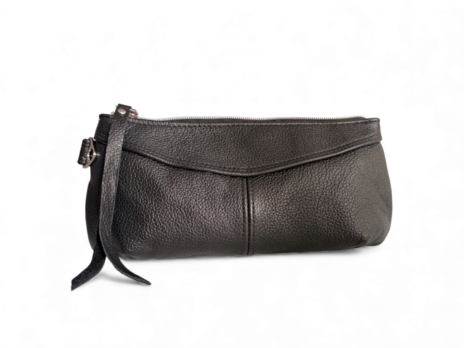 Black leather, Ella clutch bag, on a white background