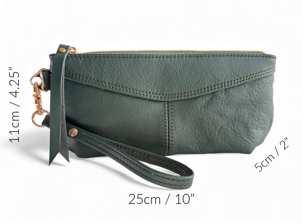 Green leather clutch bag with measurements on a white background