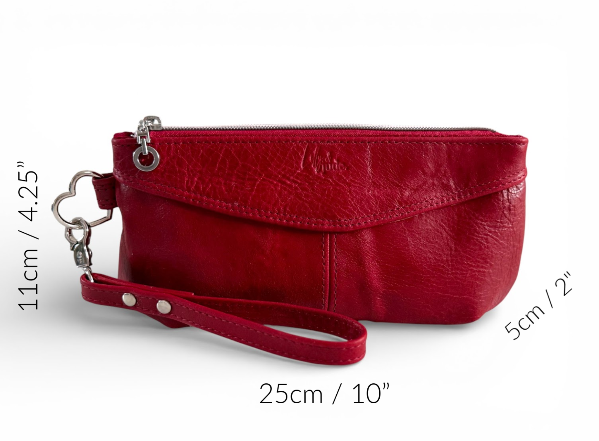 Red leather wristlet with measurements on a white background