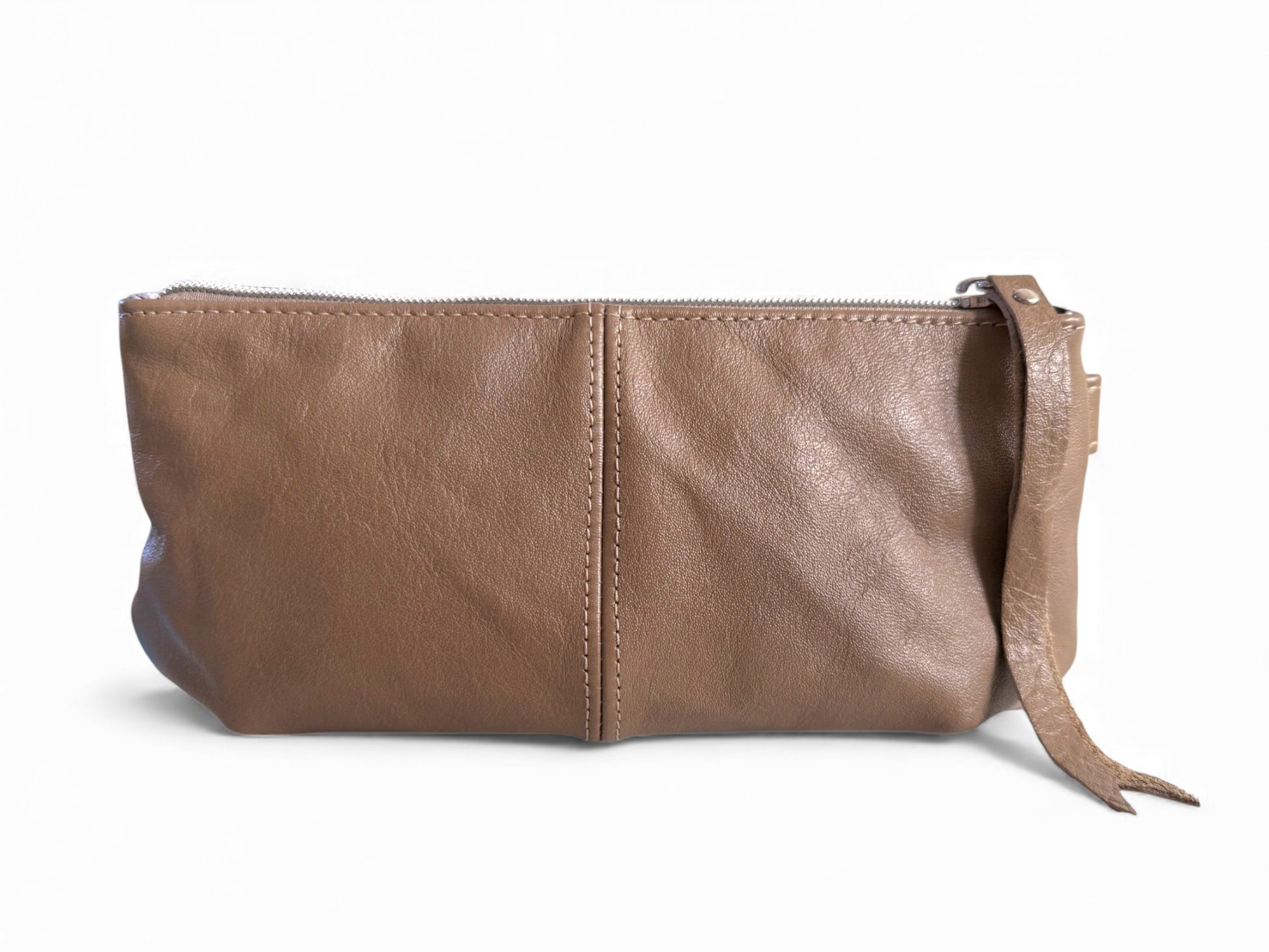 Back view of the Ella wristlet in taupe  leather clutch bag with a strap on a white background