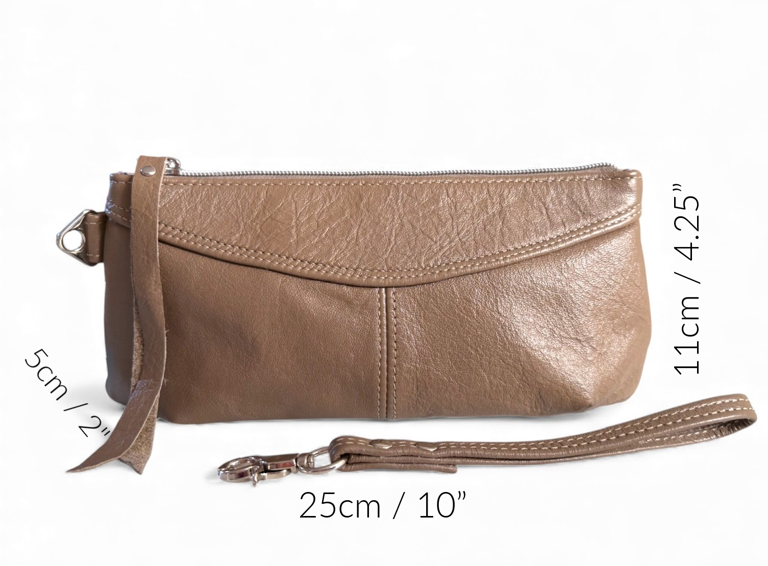 The beige taupe leather Ella wristlet clutch bag against a white background. The dimensions are shown around the sides