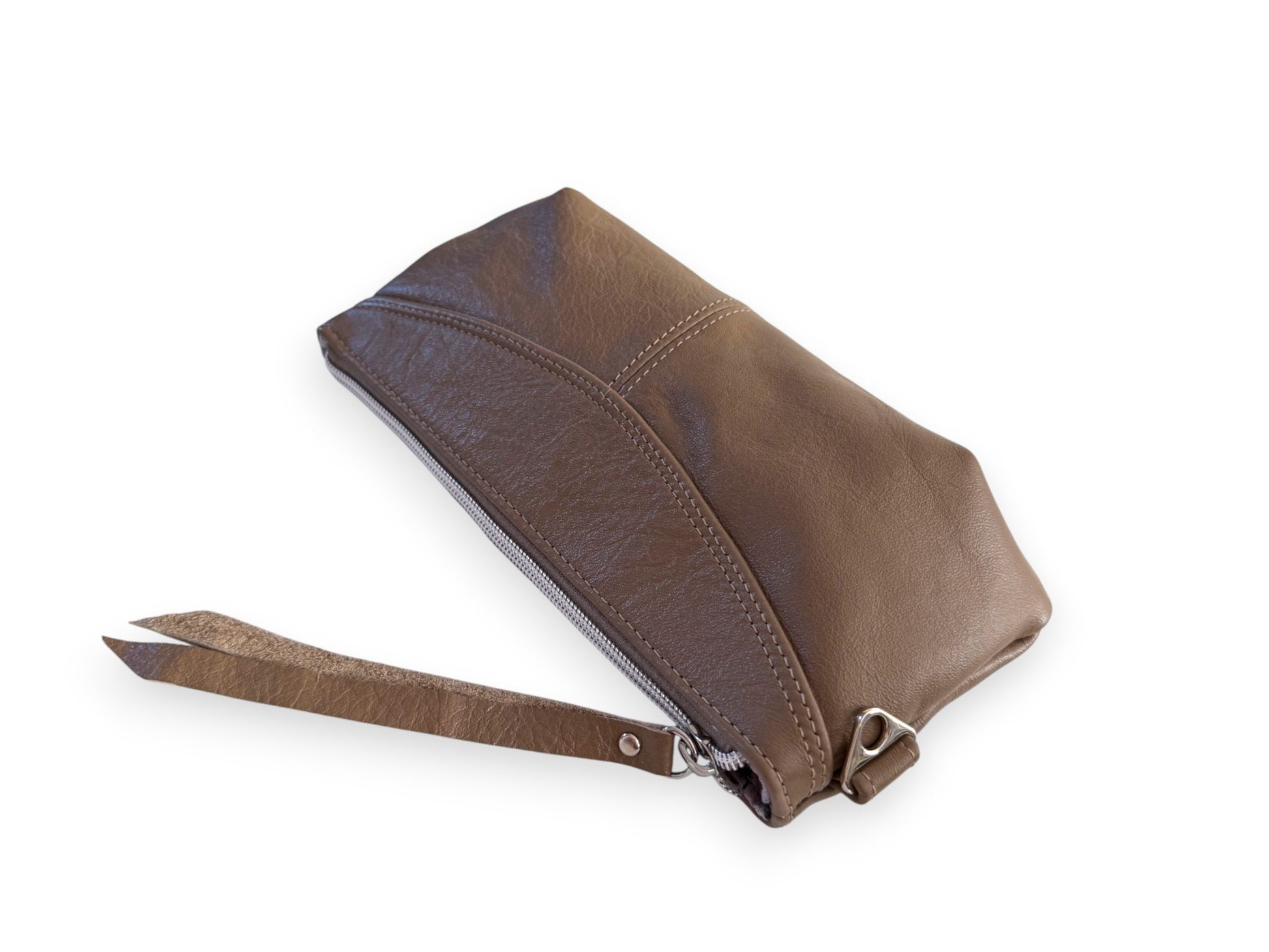Beige leather pouch with a strap on a white background